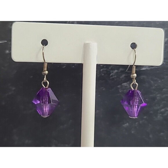 Silver Tone Metal Purple Beaded Dangling Pierced Earrings Vintage - Picture 3 of 10
